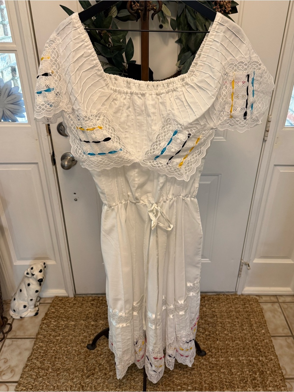Vintage 70s Handmade Mexican Folk Peasant Off The Shoulder Dress w Lace M L - Picture 1 of 16